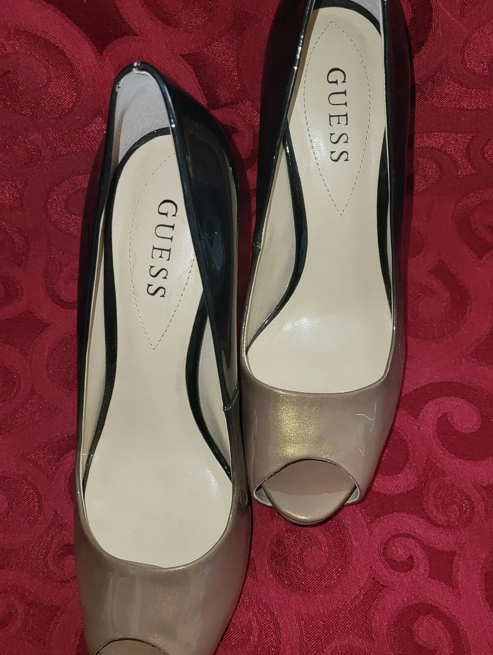 GUESS Patent Two-Tone Peep Toe Pumps in Black and Taupe